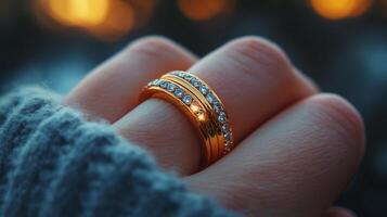 Elegant golden rings set with diamonds displayed on a hand during twilight photo