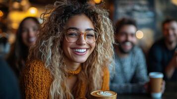 Young woman with long hair smiles warmly while enjoying drinks in cozy cafe setting during winter photo
