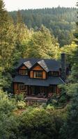 Cozy rustic house nestled in vibrant green forest surrounded by towering trees and lush vegetation photo