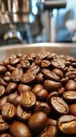 Coffee beans piled on wooden surface in a cozy kitchen setting during daylight hours photo