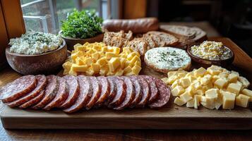 Delicious charcuterie board featuring assorted meats, cheeses, and fresh produce for a gathering photo