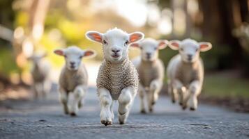 Young lambs frolic in a sunlit forest clearing during springtime in the countryside photo