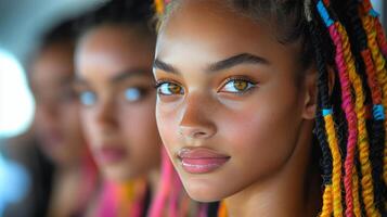 Diverse women with striking features posing closely together with natural lighting indoors photo