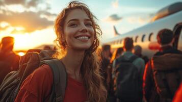 Travelers boarding a private jet during a vibrant sunset at an airport photo