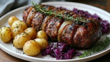 Deliciously prepared meat dish with roasted potatoes and purple cabbage served on a rustic plate photo