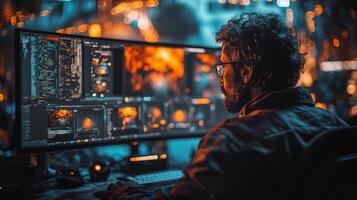 Man working on multiple computer monitors in a dimly lit workspace at night photo