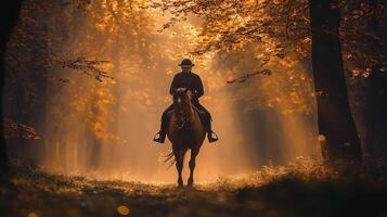 Horseback rider exploring a tranquil forest path in autumn at sunset photo