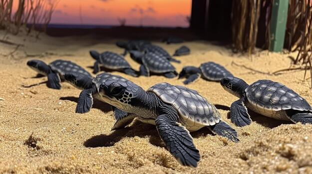 Sea turtles hatch and make their way to the ocean on a sunny beach in the Caribbean photo