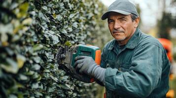 Skilled gardener trims hedge with electric trimmer during overcast day in suburban area photo