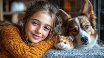 joven niña disfruta acogedor hora con su perro y hámster en un calentar interior ajuste rodeado por suave textiles foto