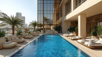 Luxury poolside relaxation in an urban oasis with modern architecture and palm trees photo