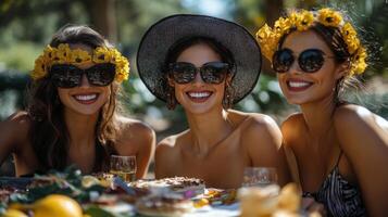 Three friends enjoying a sunny picnic with flowers and food in a lush outdoor setting photo