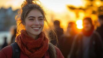 Smiling young woman with curly hair in orange hat and scarf walking among a crowd in a winter setting photo