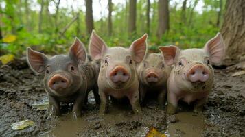 Three piglets playing in shallow water during sunny day at a rural farm photo