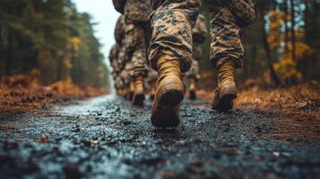 Military personnel engage in group training exercise on a foggy morning in a forested area photo