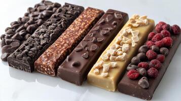 Delectable chocolate bars with fresh raspberries on a light table photo