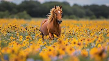 Majestic horse galloping through a vibrant field of yellow flowers in bright sunlight photo