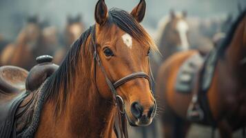 Brown horse with a saddle standing in the rain at a ranch with other horses in the background photo