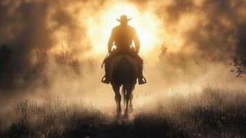 Misty morning walk through a sunlit forest with silhouetted figures photo