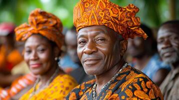 Elderly couple in traditional attire during cultural celebration in vibrant setting photo