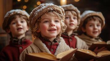 Happy children singing joyfully during a winter gathering in a cozy indoor setting photo