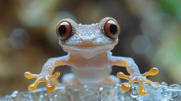 Colorful frog with prominent eyes sitting on a wet surface in a humid environment photo