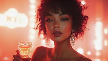 Elegant woman holding skincare product in a softly lit environment with decorative lights photo