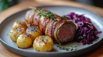 Deliciously prepared meat dish with roasted potatoes and purple cabbage served on a rustic plate photo