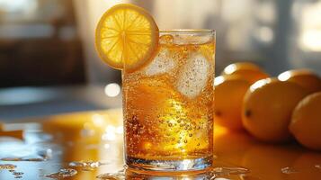 Refreshing iced tea with lemon slices served on a sunny day photo