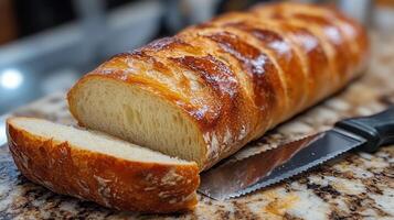 Freshly baked loaf of bread sliced on a kitchen counter with a serrated knife photo