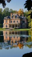 Majestic mansion reflected in serene waters surrounded by lush greenery in a tranquil setting photo