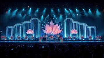 Buddhist temple performance featuring monks in traditional attire during cultural celebration photo