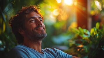 Man relaxing on a couch in a garden surrounded by potted plants during a sunny day photo