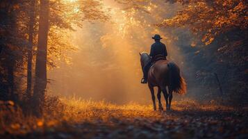 Horseback rider exploring a tranquil forest path in autumn at sunset photo