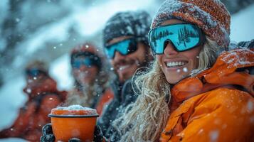 Friends enjoying hot drinks in snowy mountainous landscape during winter adventure photo