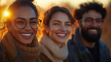 Group of friends enjoying a hike in autumn forest with smiles and cozy outfits photo