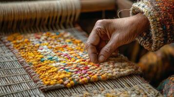 Elderly person weaving a colorful textile with skill and care in a cozy setting photo