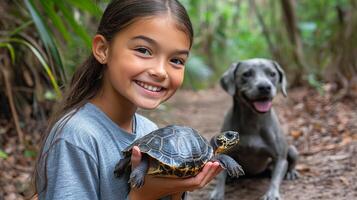 Girl smiles while holding a turtle next to a dog in a natural outdoor setting photo