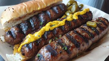 Grilled sausages served with mustard and pickles on a white plate photo