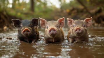 Three piglets playing in shallow water during sunny day at a rural farm photo