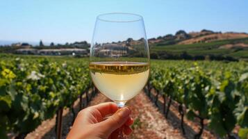 Glass of white wine reflecting sunlight in a vineyard during golden hour photo
