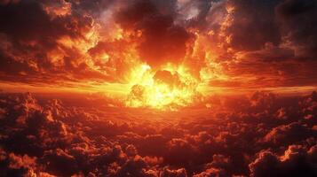 Vibrant sunset over the ocean with dramatic clouds and glowing horizon reflecting on gentle waves photo