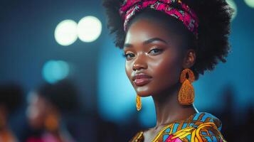 Elegant model showcasing vibrant African fashion in a lively event setting photo