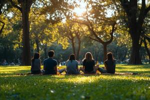 Group of friends enjoying a peaceful moment in a serene meadow during the golden hour photo