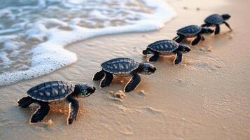 Sea turtles hatch and make their way to the ocean on a sunny beach in the Caribbean photo
