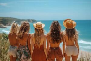 Group of friends enjoying a beach day on a sunny afternoon with cliffs in the background photo