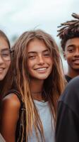 Young individuals posing together in casual attire outdoors during a bright sunny day photo