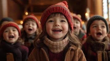 Happy children singing joyfully during a winter gathering in a cozy indoor setting photo
