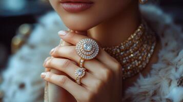 Sparkling diamond ring displayed on a delicate hand with soft lighting and a serene background photo