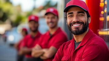 Smiling team members dressed in red uniforms pose outdoors in urban setting photo